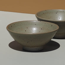 Two ceramic bowls with speckled glaze on a plain background